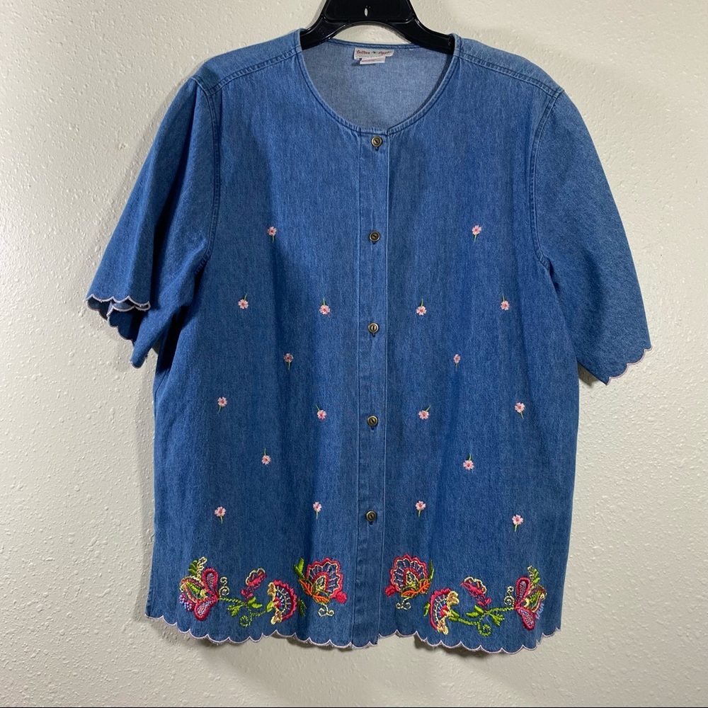 80’s Toffee Apple Denim Blouse Top Large Vintage Button down Embroidery Short